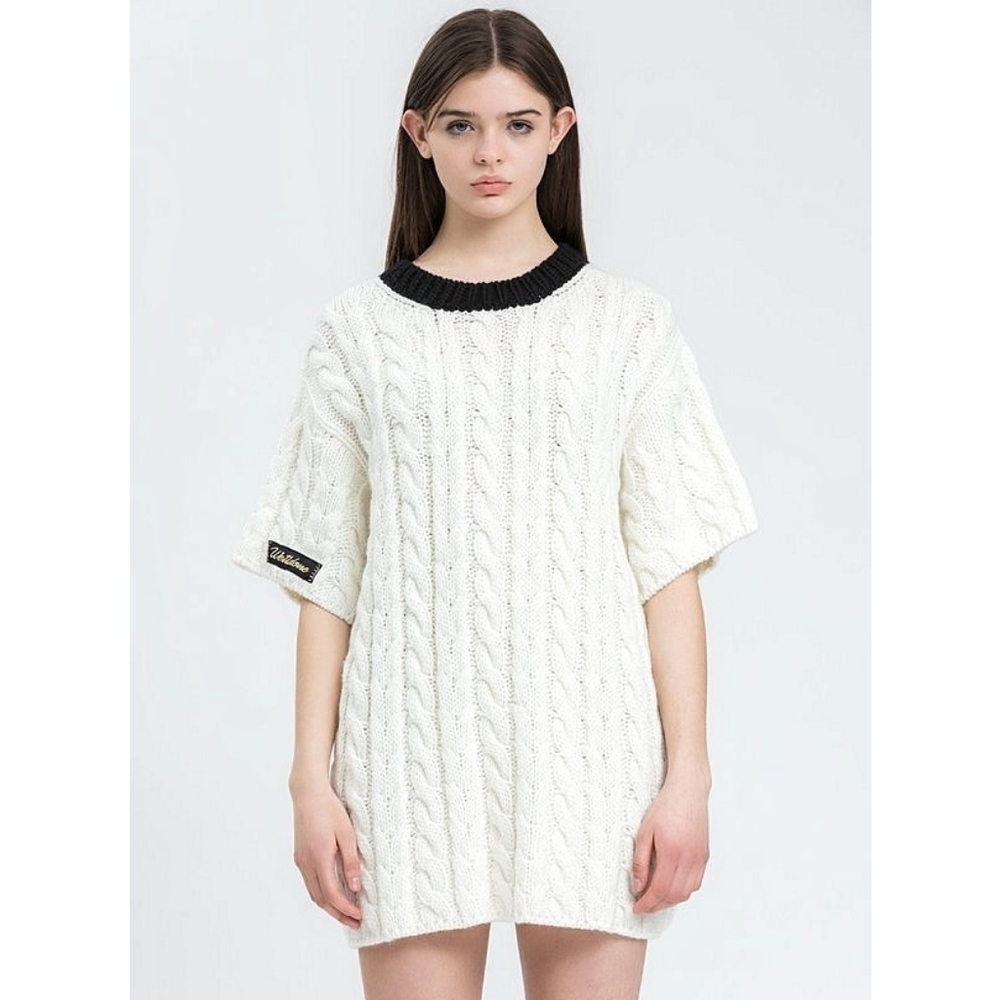 We11done Cable Knit Ribbed Logo Long Cashmere Wool Sweater